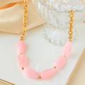 Golden stainless steel chain necklace featuring six pink teardrop natural stone pendants - Stainless Steel Marble Pattern Necklace / Light Pink