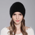 Bonnet en tricot noir pour femme en fourrure de lapin avec perles élégantes pour l'hiver - Style Décor de Perles Noires / Noir
