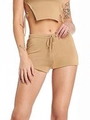 Detail of ribbed knit two-piece set featuring a camel crop top and lace-up shorts - XS / Camel