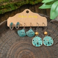 Bohemian 3-piece earring set with turquoise enamel and vintage bronze finish - Shell Starfish Scallop Mandala Style (HQEF-0061)