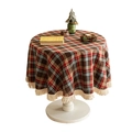 Classic red, brown and blue plaid round tablecloth with beige tassels for Christmas decor - Red & Brown Plaid Round