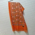 Orange cashmere-like shawl with floral embroidery and tassel fringe details - Orange Yellow 450g