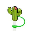 Cute green cactus silicone straw cover with a small pink flower and dust-proof ring - Cactus with Flower-1704-08