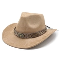 Khaki suede western cowboy hat with woven band and bull head metal buckle accessory - M (56-59cm) / Camel Faux Suede