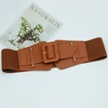 Close-up of a brown elastic waist belt with faux leather front and metallic buckle details - Brown