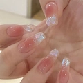 Macro detail of glossy gradient press-on nails with 3D butterfly and aurora flakes - By1001#swallow's Whisper And Nightingale's Voice / Tool Kit Style