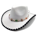 White felt western cowboy hat with ethnic beaded band and black stitched rolled brim - M (56-58cm) / White