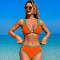 Σέξι μπικίνι σε πορτοκαλί και πράσινο με ψηλή μέση και ασημένιες αγκράφες καρδιάς - S / Πορτοκαλί