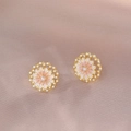 Orecchini a margherita in smalto rosa con perla centrale e contorno di zirconi luminosi - Stile Fiore Sfumato (E1138) / Rosa