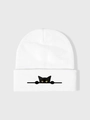 Detalle del gorro de punto blanco con bordado de gato negro en el borde doblado estilo casual - Talla única / Blanco