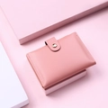 Pink short PU leather wallet for women featuring a gold buckle on geometric backdrop - Pink (With Buckle)