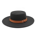 Detail of the black flat-top felt hat showing the brown leather strap and metal studs - M (56-58cm) / Black
