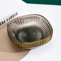 Set of four dark grey square plates with gold trim and textured glass finish - Vertical Stripe Plate (Volcanic Ash)