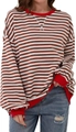 Women's casual red and white horizontal striped long sleeve T-shirt with ribbed cuffs - S / Coffee