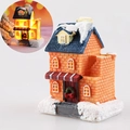 Luminous Christmas village house with orange brick walls, blue roof and thick snow deco - Medium Style D