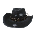 Western style black straw cowboy hat with white star patterns and silver bull head emblem - One Size (Gradient Star) / Black with Wind Rope (Colorful Bull)