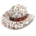 Leopard print felt western cowboy hat with metal bull head buckle and stitched leather band - M (56-58cm) / White - Flat Top