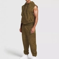 Men's olive green sleeveless hoodie and joggers set with waffle texture fabric - S / Khaki