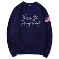 Unisex navy blue hoodie featuring white script print and US flag patch on the sleeve - Navy Blue