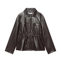 Veste en similicuir marron foncé avec taille élastique et poches sur fond blanc épuré - XS / café