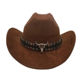 Klassischer brauner Cowboyhut aus Filz mit Ethno-Webband und Stierschädel-Ornament - Kaffeebraun
