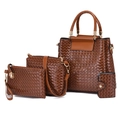 Brown 4-piece woven leather handbag set including tote, crossbody bag, and clutch - Brown