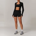 Three-piece black seamless sports set featuring zip jacket, vest and high waist shorts - S / Jacket + Bra + Shorts / Premium Black