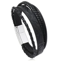 Detail of men's multi-layer black leather woven bracelet with silver magnetic alloy clasp - Black
