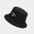 Close-up of white California 1987 embroidery and metal eyelets on black cotton bucket hat - Black