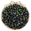Black acrylic beads with colorful heart patterns for DIY jewelry making in a gold tray - Black with Fluorescent Hearts