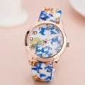 Fashion Geneva quartz watch featuring blue floral patterns on silicone strap and dial - 4# Blue Yellow Floral