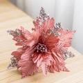 Elegant 25cm rose gold velvet poinsettia flower with silver sequins for Christmas decor - Pink