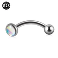 Detailed macro view of solid G23 titanium curved barbell with colorful opal bead top - 1.2x8x3x4mm / Single Head - White Glitter Film
