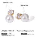 Detail view of pearl and cubic zirconia earrings with dimensions and material specs - Gold Large Pearl Rhinestone Studs