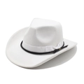 Close-up of white wool western cowboy hat with dual ribbon and braided rope detail - M (56-58cm) / White