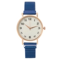 Modern quartz watch with rose gold case and dark blue magnetic Milanese mesh strap - Blue