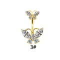 Piercing ombelico doppio farfalla dorato con zirconi marquise e finitura lucida - Farfalla