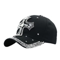 Macro detail of sparkly rhinestone cross design on black cotton baseball cap - Black