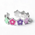 Verstellbarer silberner Edelstahlring mit bunten Emaille-Blumenanhängern für Damen - Stahl Blume