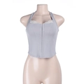 Hellgraues Korsett-Top mit Spitzenbesatz, Neckholder und Vintage-Stäbchendetails - S / Grau