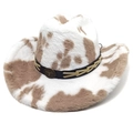 Detail of western cow print cowboy hat with a metal bull head badge on the band - M (56-58cm) / Straight Top / Khaki Cow Print