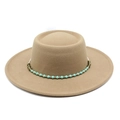 Detailed view of camel wool fedora hat with turquoise and golden beaded strap embellishment - M (56-58cm) / Khaki