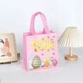 Sac cadeau rose Joyeuses Pâques avec motifs d'œufs colorés et lapin en non-tissé - XH43-Vertical
