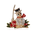 Sparkly festive snowman brooch with red crystal scarf and black top hat on gold base - Full Rhinestone Snowman with Broom