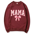 Wine red Mama Est 2025 hoodie with pink coquette bow pattern and M size label - Burgundy