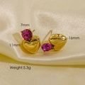 14K gold plated heart earrings with rose red zircon stones and 11x16mm dimensions - Rose Red Zircon