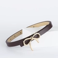 Dark brown slim PU leather belt for women with a gold bow-shaped metal buckle - Coffee