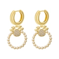 Macro view of elk reindeer drop earrings with golden antlers and pearl wreath detail - Gold Reindeer