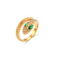 Detail of 18K gold-plated snake ring featuring green gemstone eyes and pavé zircons - Adjustable Open / Gold with Green Eyes