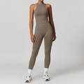 Ensemble de sport sans couture côtelé pour femme avec débardeur et legging couleur taupe - S / Haut Et Bas / Ensemble 2 Pièces (Gilet + Pantalon) / Marron
